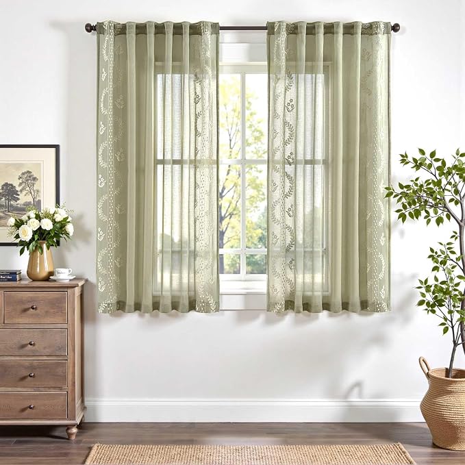 jinchan Belrose Sage Green Floral Sheer Curtains for Bedroom 63 Inch Long Voile Embroidered Farmhouse Curtains for Living Room Ivory Flower Patterned Rod Pocket Window Treatments, 2 Panels Green
