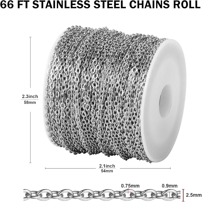 [66 FT] Stainless Steel Cable Chains Bulk for Jewelry Making, 2.5mm 304 Stainless Steel Flat Cable Link Chains Roll Spool for Jewelry Making DIY Craft