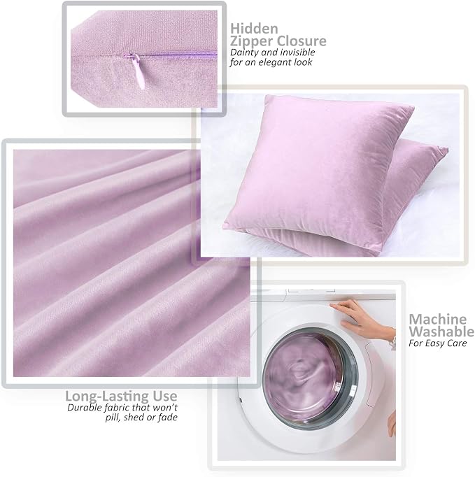 Nestl Throw Pillow Covers, Cozy Velvet Decorative Pillow Cases 24 x 24 Inches, Soft Solid Couch Pillow Covers for Sofa, Bed and Car, Set of 2 - Light Gray Lavender