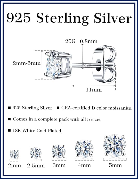 5 Pairs Moissanite Sterling Silver Stud Earrings Set for Women, Hypoallergenic, 2mm, 3mm, 4mm, 5mm
