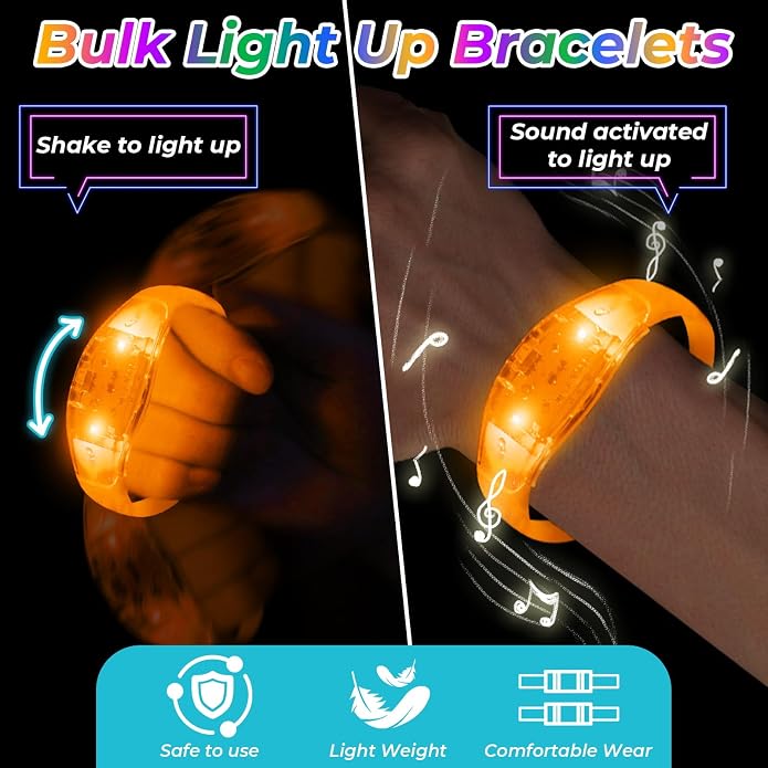 24 Pack Light UP Bracelets Sound Activated Flashing Wristbands Music Control Glow in the Dark Bracelets for Rave Game Prizes Carnival Concerts Night Events Mardi Gras Party Favors