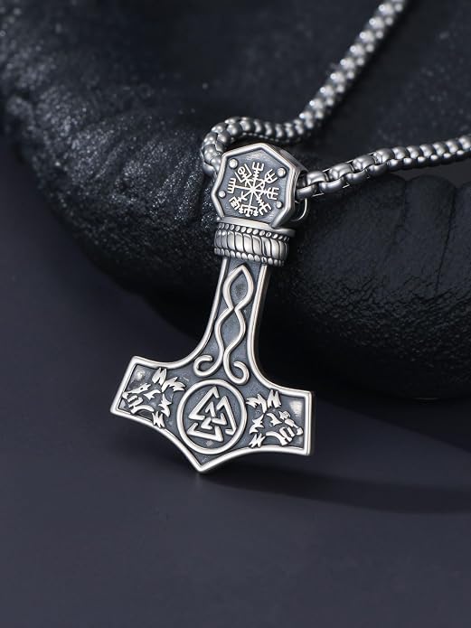 Viking Necklace Triple Horn of Odin/Wolf/Thor Hammer Necklace Viking Pendant Norse Jewelry Gifts for Man