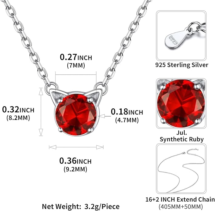 ChicSilver Bow and Cat Birthstone Necklace, 925 Sterling Silver Pendant Necklaces for Women, Hypoallergenic Silver Choker with 16 inch Rolo Chain, 12 Months Jewelry for Valentines Mothers Day Christmas