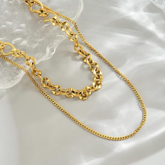 18K Gold Plated Layered Herringbone Necklaces for Women Dainty Layering Beaded Snake Chain Choker Moon Coin Pendant Necklace Trendy Stainless Steel Jewelry