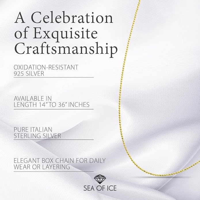 SEA OF ICE Sterling Silver 1mm Round Ball Bead Chain Necklace for women, Size 14" - 36" Italy