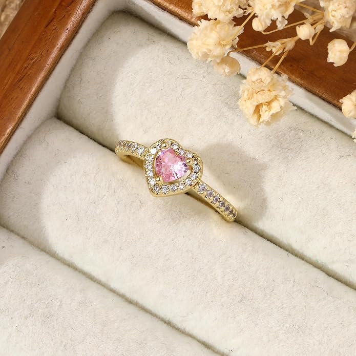 Gold Birthstone Rings for Women Non Tarnish 14k Gold Plated Dainty Heart Rings Adjustable Size Cubic Zirconia Ring Gold Simulated Gemstone Rings Birthday Gifts for Women