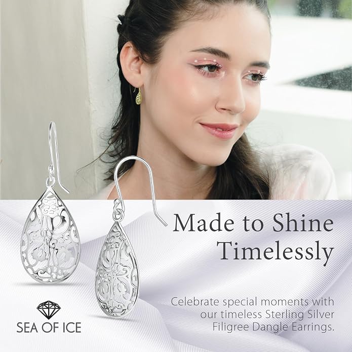 Sterling Silver Tear Drop Dangle Filigree Earrings for Women – boho and Chic Pear Shape Hook Earrings with Thin and Lightweight Hook