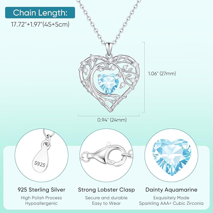 Tree of Life Birthstone Pendant Necklace - 925 Sterling Silver Heart Cubic Zirconia Diamond Women Pendant Necklaces for Her Daughter Girlfriend Birthday Gift Ideas for Wife Mom for Valentines Day