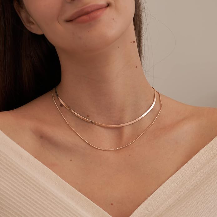 CHESKY 14K Gold/Silver Plated Snake Chain Necklace Herringbone Necklace Gold Choker Necklaces for Women Gifts Jewelry 1.5/3/5MM(W) 14"/16"(L) Mothers Day Gifts for Mom