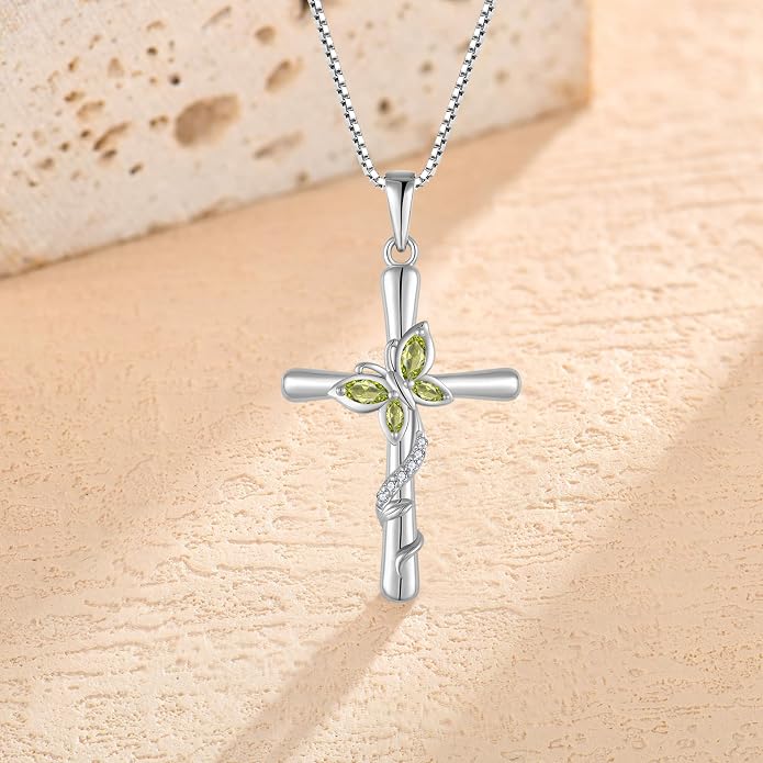 Cross Necklace for Women 925 Sterling Silver Butterfly Necklace Birthstone Pendant Created Gemstone Jewelry Gifts for Women