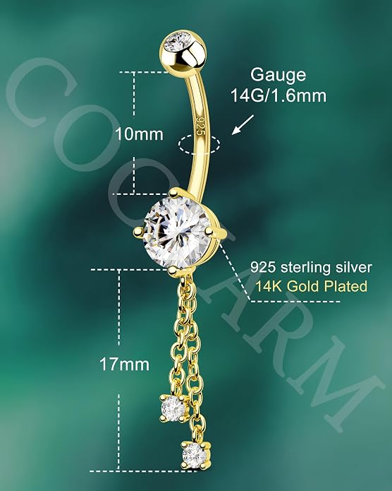 COCHARM 14K Gold Plated Belly Button Rings Dangling 925 Sterling Silver Belly Navel Rings Dangle Chain Belly Piercing Jewelry Hypoallergenic