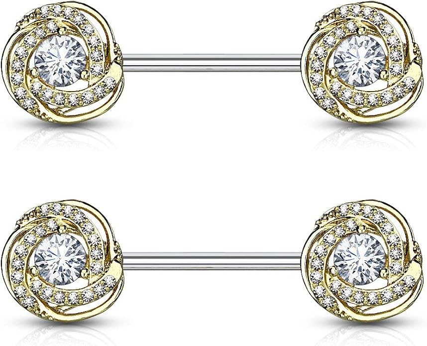 Forbidden Body Jewelry Ultra Glam CZ Swirl Halo Frame Surgical Steel Nipple Barbells