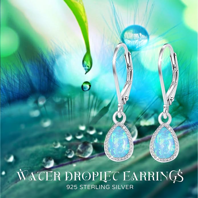 Teardrop Leverback Drop Dangly Earrings, 925 Sterling Silver with Opal/Moonstone Hypoallegenic for Sensitive Ears Jewelry Gift for Women Girlfriend with Gift Box