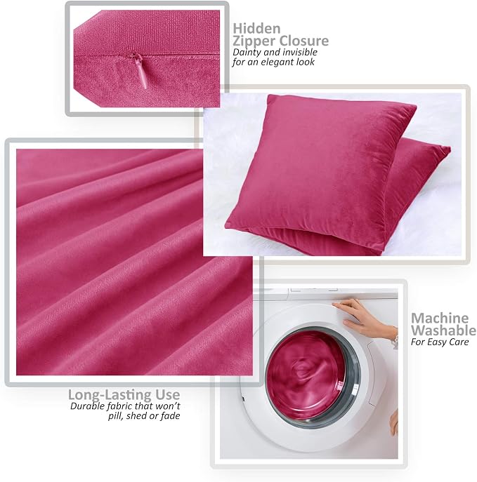 Nestl Throw Pillow Covers, Cozy Velvet Decorative Outdoor Pillow Covers 16 x 16 Inches, Soft Solid Cushion Covers for Sofa, Bed and Car, Set of 2 - Hot Pink