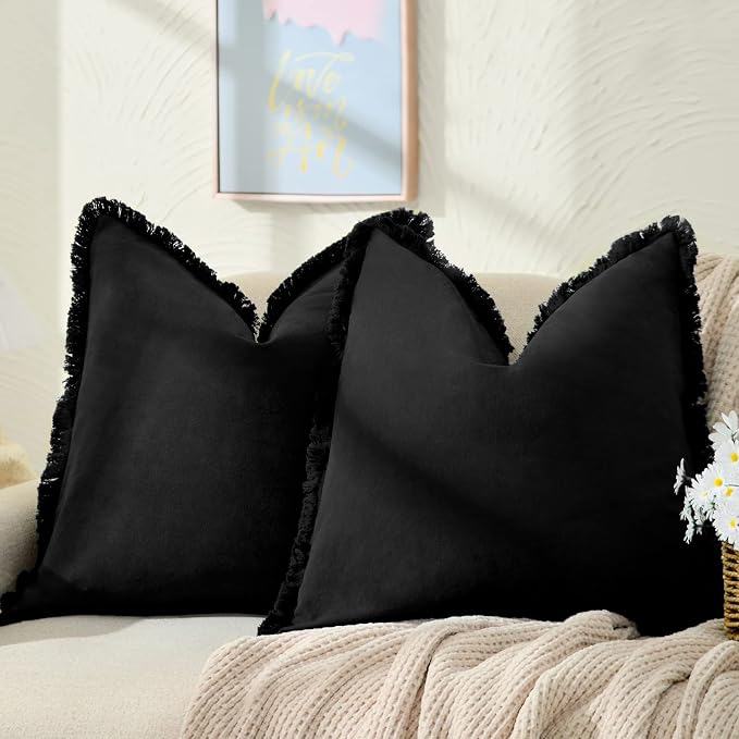 ZWJD Pillow Covers 26x26 Set of 2 Black Throw Pillow Covers with Fringe Chic Cotton Decorative Pillows Square Cushion Covers for Sofa Couch Bed Living Room Farmhouse Boho Decor
