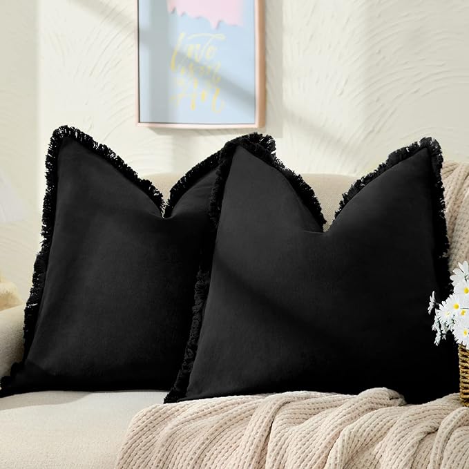 ZWJD Pillow Covers 22x22 Set of 2 Black Throw Pillow Covers with Fringe Chic Cotton Decorative Pillows Square Cushion Covers for Sofa Couch Bed Living Room Farmhouse Boho Decor