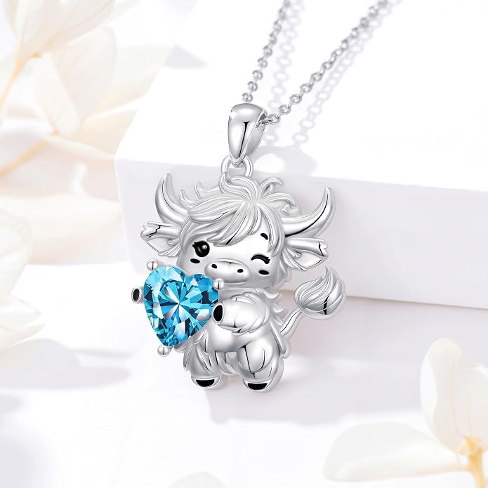 PELOVNY Teddy Bear Necklace for Women 925 Sterling Silver Bear/Highland Cow/Fox/Cat/Axolotl Birthstone Necklace Christmas Birthday Jewelry Gifts for Mom Daughter Wife Sister