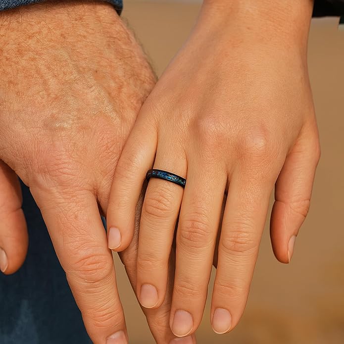 TRUMIUM 4mm 6mm Wedding Rings for Men Women Tungsten Carbide Galaxy Opal and Sandblast Inlay Multi-Colored Mens Wedding Band Beveled Edges Comfort Fit Size 5-13