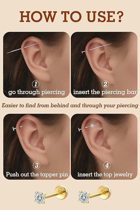 VOJO 3 Pairs Moissanite & Titanium Flat back Earrings, 20G Threadless Labret Stud for Women, Tragus Cartilage Nose Piercing Jewelry, Hypoallergenic Body Earrings