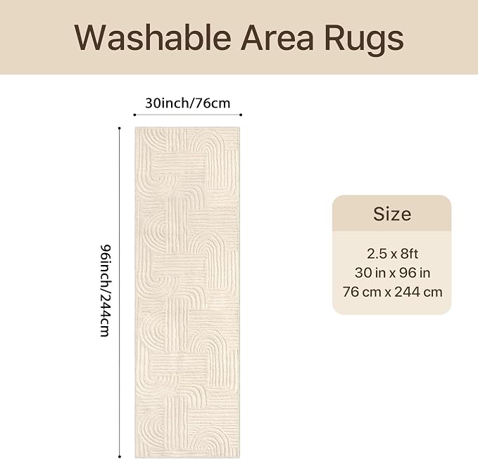 GENIMO Soft 2'6''x8' Washable Runner Rug Non Slip, 3D Modern Arch Pattern Hallway Runner, High-Low Pile Non Slip Fuzzy Carpet, Non-Shedding Stain Resistant Beige Rugs for Entryway Bedroom Laundry