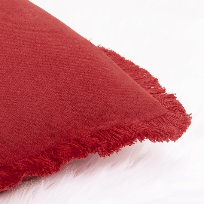 ZWJD Red Pillow Covers 18x18 Set of 2 Throw Pillows with Fringe, Chic Cotton Decorative Square Cushion Covers for Sofa, Couch, Bed, Living Room, Farmhouse, Boho Decor