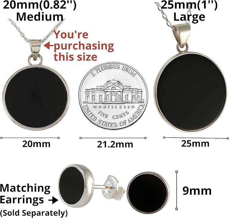 Sterling Silver 925 Black Onyx Flat Round Handmade Pendant Necklace for Women & Men - Unisex