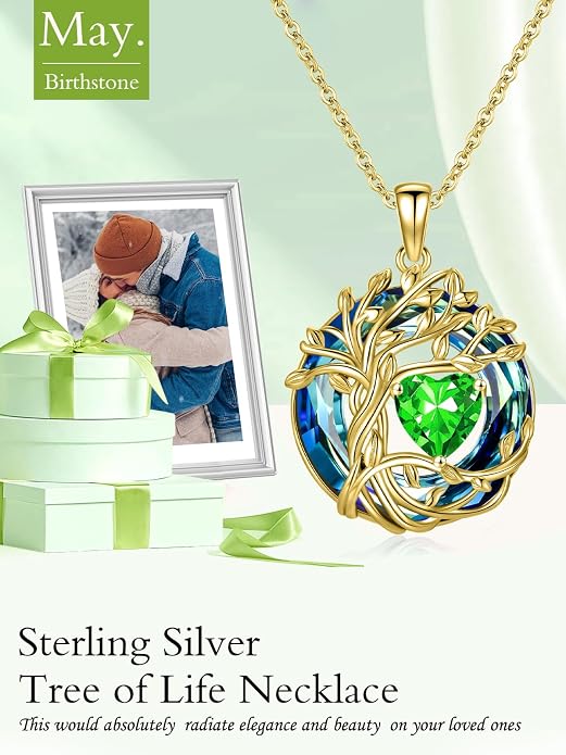 TOUPOP Tree of Life Birthstone Necklace Sterling Silver Pendant Birthstone Necklaces with Blue Crystal Anniversary Birthday Jewelry for Women Mom Wife Her