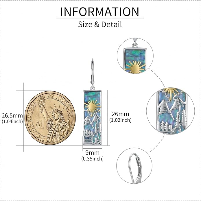Mountain Earrings 18K White Gold Plated Turquoise/Abalone Shell Mountain Dangle Drop Earrings Jewelry Gift for Skiers, Hikers, Campers, Climbers Lovers