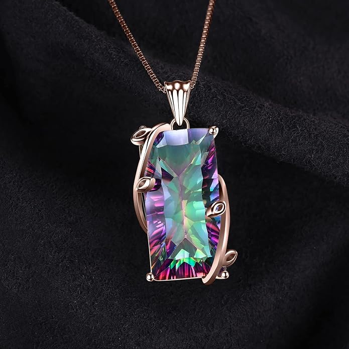 JewelryPalace Multicolor Luxurious 15.2ct Rectangle Genuine Mystic Quartz Pendant Necklaces for Women, 14K White Yellow Rose Plated Gold 925 Sterling Silver Natural Gemstones, 18 Inches Chain