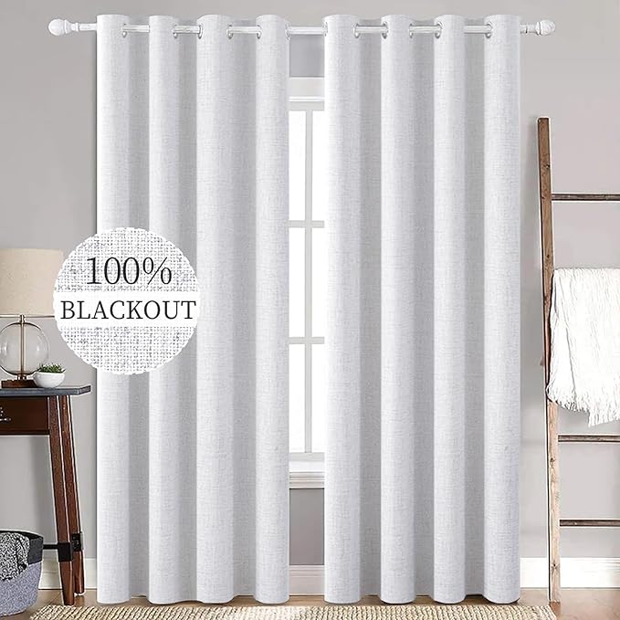 MIULEE Linen Texture 90 Inches Curtains for Bedroom 100% Blackout Thermal Insulated Grayish White Grommet Darkening Curtains for Living Room 52x90 Inch (2 Panels)