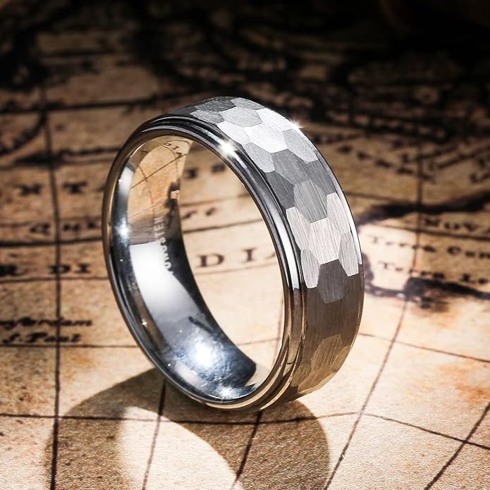 King Will Hammered 8mm Silver Tungsten Ring Hammer Men Wedding Band Comfort Fit