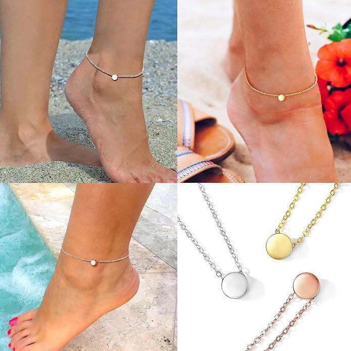 ChicSilver Personalized 925 Sterling Silver Tiny Heart/Moon/Star/Sun/Dot/Triangle Anklets Simple Dainty Foot Jewelry for Women, Silver/Gold Plated/Rose Gold Plated