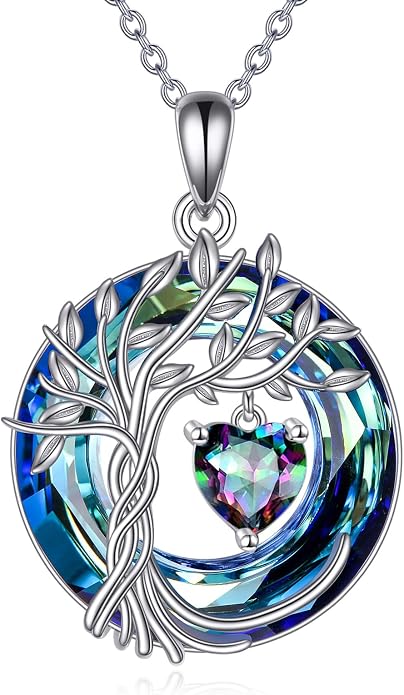 CRMAD Tree of Life Necklace Birthstone Pendant Necklaces with Crystal Anniversary Birthday Wedding Jewelry for Mom Her Wife Sister