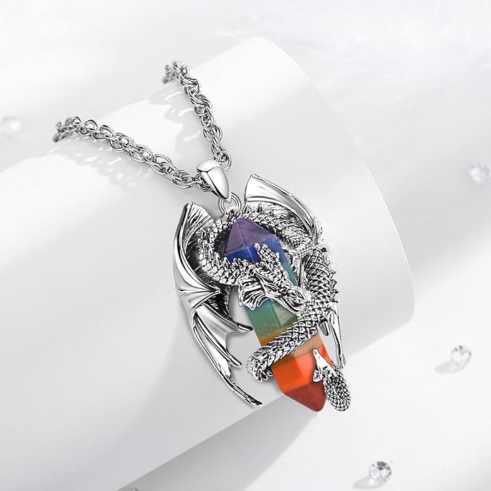 INFUSEU Unique Dragon Necklaces with Healing Crystal Stone for Men Women, Personalized Spiritual Gifts, 24 Inch Chain