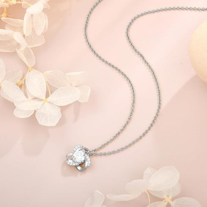 18K Gold Plated Love Knot Necklace for Women, 925 Sterling Silver Round cut Birthstone Pendant Necklace With Chain Lucky Flower Jewelry Gift