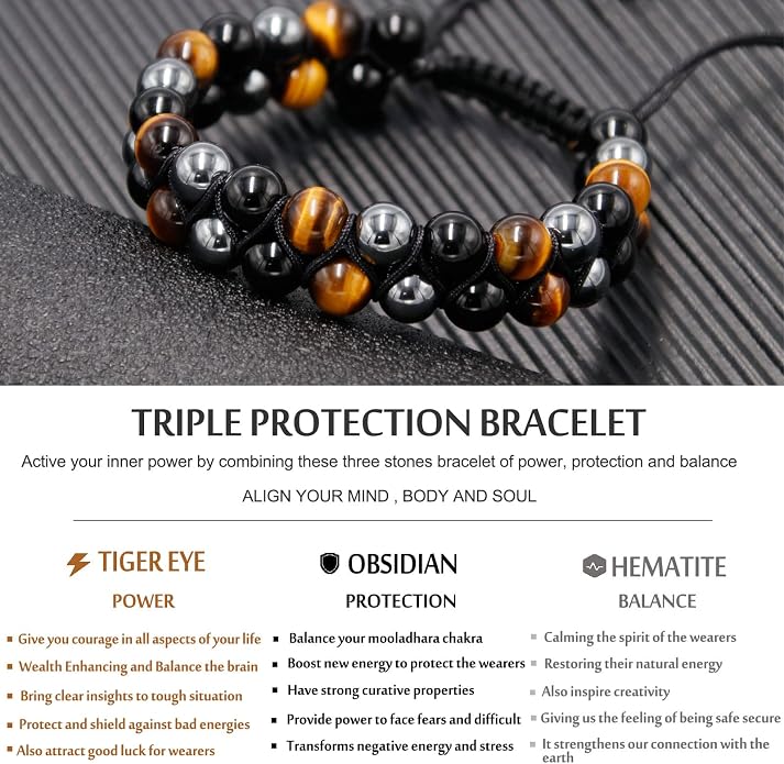 HASKARE Triple Protection Bracelet for Men - Genuine Tigers Eye Black Obsidian Hematite 8mm Natural Stone Beads Stretchy Healing Crystal Jewelry, Anxiety Relief Energy, Ideal for Dad Husband Christmas Birthday