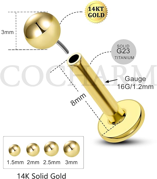COCHARM 14K Solid Gold Helix Cartilage Tragus Earring Stud 16g Yellow Gold Threadless Tragus Cartilage Helix Conch Piercing Jewelry Flat Back Lip Labret Medusa Monroe Piercing Stud