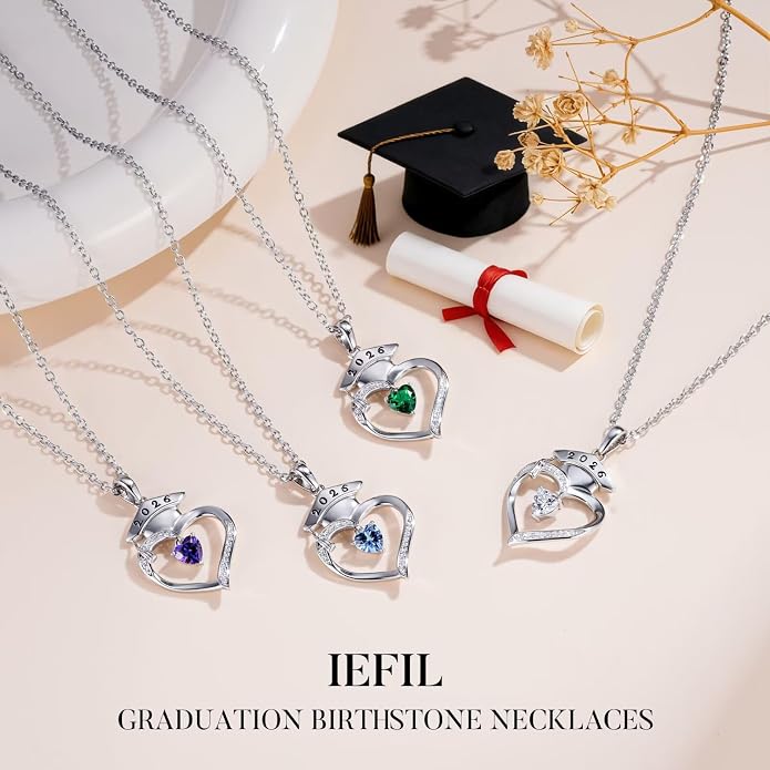 Iefil 2026 Graduation Gifts for Women Her - 925 Sterling Silver Heart Birthstone Necklace, Graduation Necklaces for Women Daughter Girlfriend