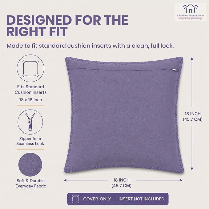 LFH Home Lavender Cotton Rich Throw Pillow Covers 18x18 Set of 2, Decorative Cushion Covers with Blanket Stitch Edge, Farmhouse Accent Pillow Cases for Sofa Couch Bed Living Room, 18 x 18 Inch
