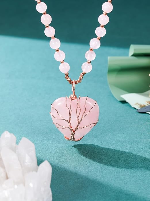 Top Plaza Healing Crystal Amethyst Necklace Natural Stone Beads Life Tree Wire Wrapped Teardrop Gemstone Pendant Jewelry for Women Mom