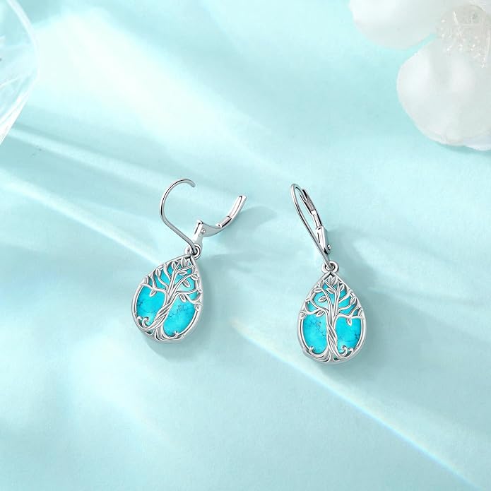 Eusense Sterling Silver Dangle Earrings for Women Tree of Life Animals Moonstone Turquoise Leverback Earrings Jewelry Gifts