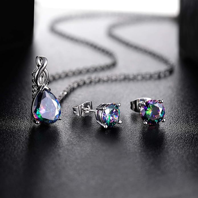VOLUKA Created Opal/Amethyst/Mystic Topaz Pendant Necklace for Women,18K White/Rose Gold Plated Chain Wedding Engagement Jewelry Gift