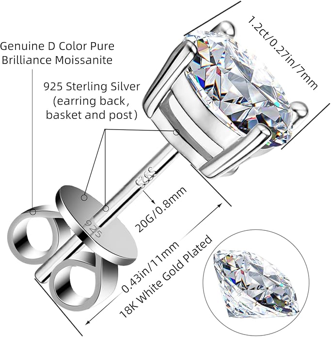 Moissanite Stud Earrings GRA 925 Sterling Silver Earrings for Men 18K White Gold Plating Earrings for Women,wedding earrings(0.3Ct-4Ct)