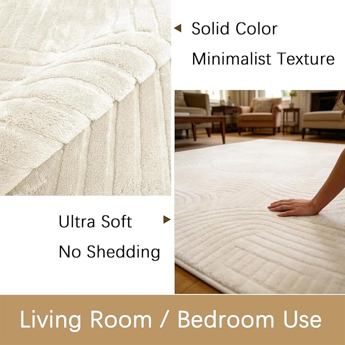 5x7 Cream Beige Area Rug - Washable Fluffy High-Low Pile Rugs for Living Room Bedroom, Modern Geometric Pattern, Non-Slip Textured Indoor Rugs for Nursery, Kids Room, Home Office