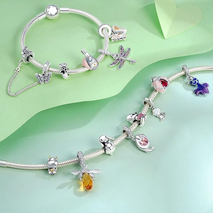 NINGAN 925 Sterling Silver Charm Golden Love Charm Buckle Safety Chain Travel Bead Firefly Dragonfly Pendant, Suitable for Women Bracelet and Necklace as Gift from Mom and Friends