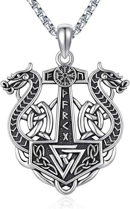 Eusense Viking Necklace for Men Women 925 Sterling Silver Pendant Thors Hammer/Norse Runes/Odin's Ravens/Wolf/Dragon/Snake/Yggdrasil/Freya/Helm of Awe/Valknut/Triskelion/Axe/Shield Viking Jewelry