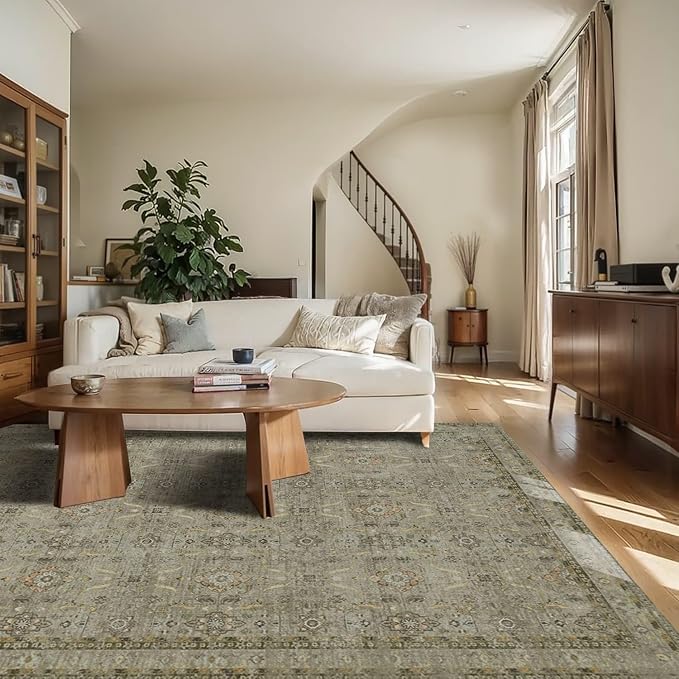 Rugxara 6x9 Area Rugs Washable Rug for Living Room Dining Room, Olive/Green | Non Slip, Rug for Bedroom Office Farmhouse, Stain Resistant, Soft, Low Pile, Vintage Boho Floral Retro Carpet, Home Decor