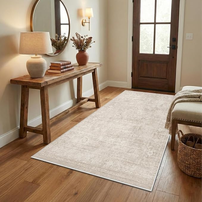 Homemate Washable Rug 3x5 Area Rugs - Vintage Faux Wool Rugs for Living Room Bedroom Dining Room - Non Slip Foldable Carpet Indoor Area Rug for Home Decor（3'x5', Beige