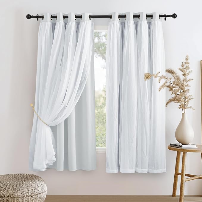 PONY DANCE White Bedroom Curtains - Window Curtains & Drapes Sheer Layered Room Darkening with Tie-Backs, 52 x 63 inches, Greyish White, 2 Pieces