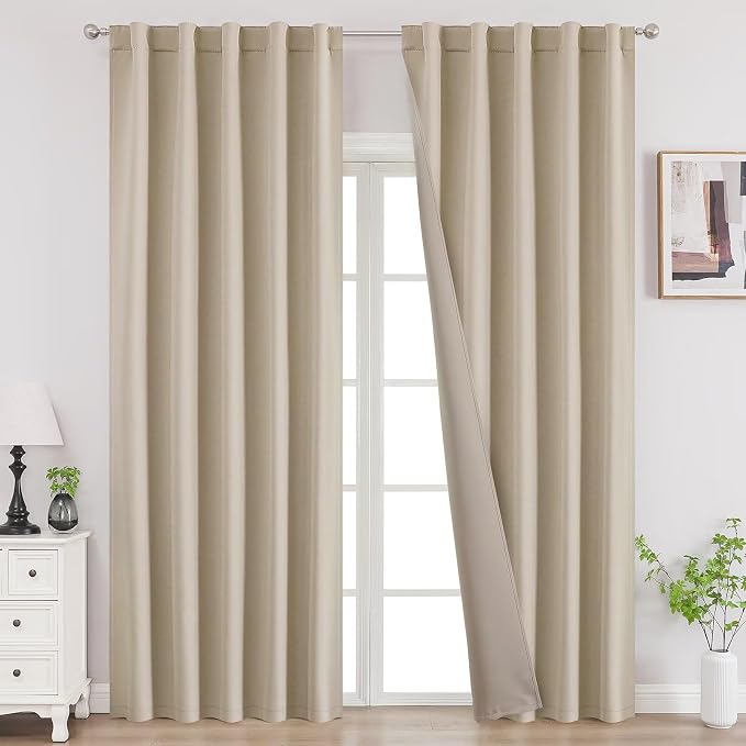 Joydeco 84 Inch Blackout Curtains for Bedroom, Thermal Insulated Black Out Curtains 2 Panels Set, Room Darkening Drapes for Living Room Window Rod Pocket Back Tab (W37 x L84 Inch, Light Beige)